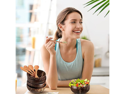 फ्रूट सलाद कटोरा केक पाउडर रॉक लकड़ी का रसोई सेट बांस का मुखौटा नारियल का छिलका